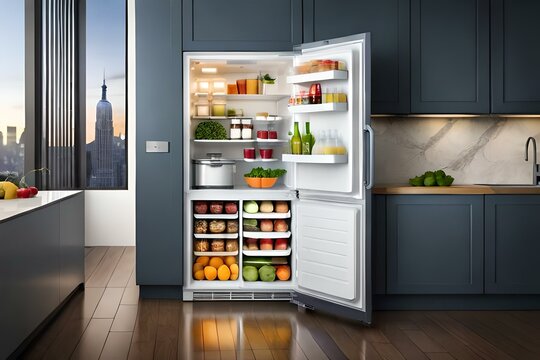 an open refrigerator filled with lots of different types of food and drinks in it's door, with a shelf full of fruits and vegetables. modern kitchen apartment interior