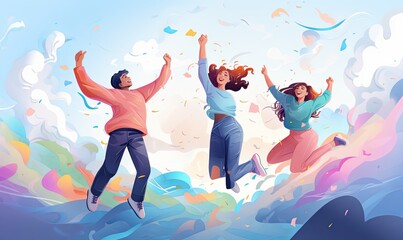 Young people jumping with freedom and happiness.