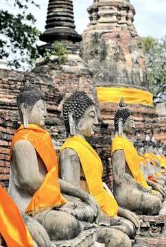 a photography of a group of buddha statues sitting on top of a brick wall, several statues of buddhas sitting in a row in front of a brick wall.