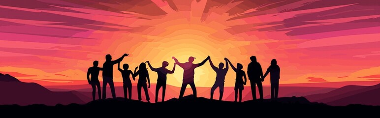 Fototapeta premium Young people raise and clap hands together happily at sunset.