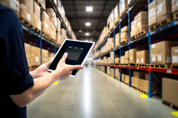smart warehouse management system worker hands holding tablet on blurred warehouse as background