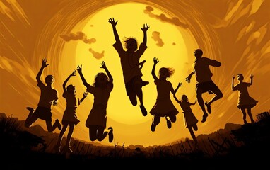 Young people jump with freedom and happiness at sunset.