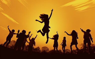 Young people jump with freedom and happiness at sunset.