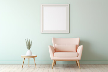 Photo frame on wall with simple decoration and furniture
