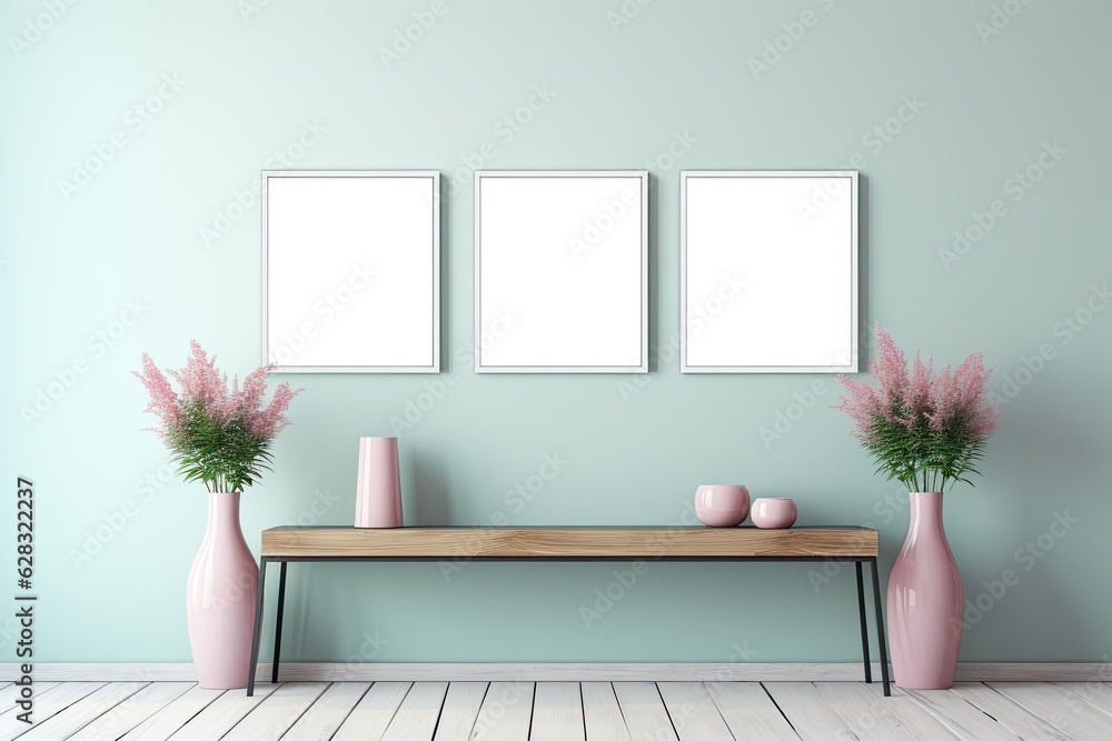 Wall mural photo frames on wall with simple decoration and furniture