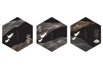 Japanese background with line pattern vector. Abstract landscape template with hand drawn wave pattern with crane birds in oriental style. Black geometric logo design.