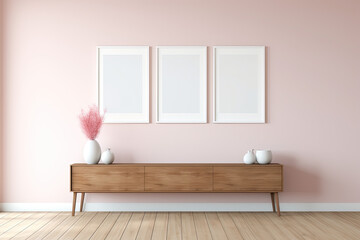 Photo frames on wall with simple decoration and furniture
