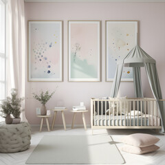 childrens bedroom nursery or baby room three prints on the wall , created with AI generative technology 