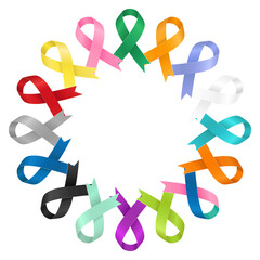 World Cancer Day. Cancer awareness. A lot of ribbons of different colors. Png flat illustration on transparent background.