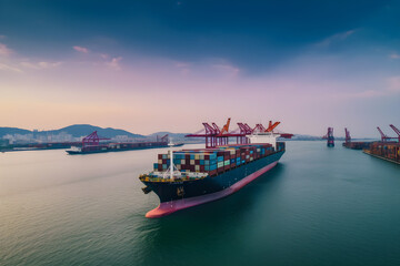 Obraz premium container cargo ship at industry sea port import export commerce global business trade logistic and transportation oversea worldwide by container cargo vessel ship boat freight shipping maritime