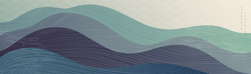 Japanese background with line wave pattern vector. Abstract art banner with geometric pattern. Mountain and ocean sea object in vintage style. 