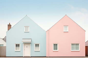 Fototapeta na wymiar Colourful small village, pastel colour design with blue sky
