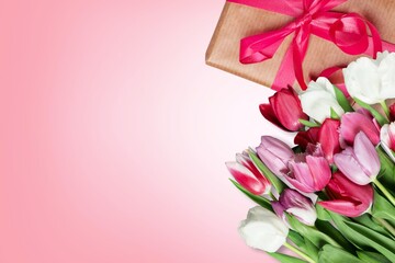 Mother's Day concept. giftbox with ribbon and bouquet of flowers