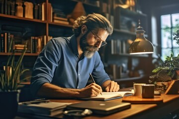 A man sitting at a desk writing in a notebook - obrazy, fototapety, plakaty