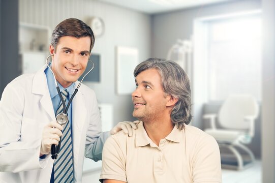 Young doctor with patient at clinic meeting, AI generated image