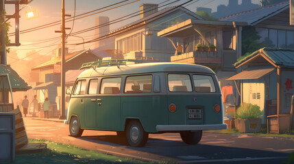 Obraz premium 街中に駐車するキャンピングカーのシーン No.020 | Scene of a Camper Parked in The City Generative AI