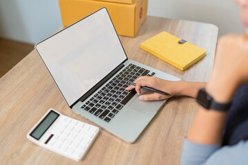 Women working with a laptop in living room on white screen