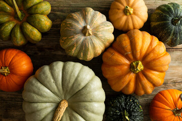 Diverse assortment of pumpkins on a wooden background. Autumn harvest. Top view. Selective focus.