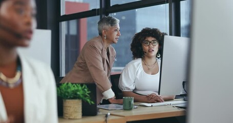Call center, training and business people on computer, tech support or advice, helping and solution in workspace. Professional diversity, e commerce review and manager, consultant and women feedback