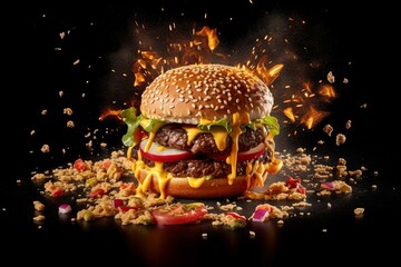 Spicy hamburger with flying ingredients on dark background Food photography concept
