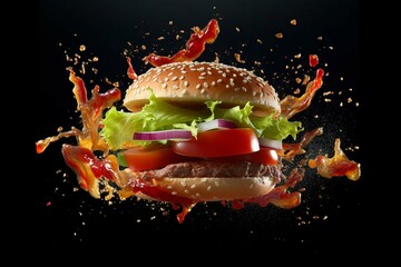 Tasty hamburger with flying ingredients on dark background Food photography concept