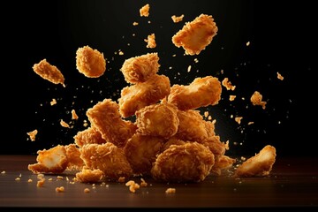 Golden deep fried chicken nuggets with black background