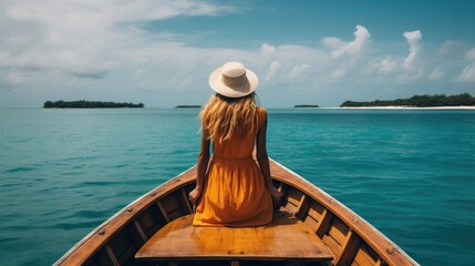Back of woman on front of wooden boat in the Maldives. Generative AI
