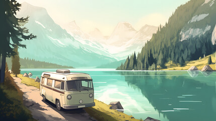 湖畔の美しい景色を望むキャンピングカーのシーン No.016 | Camper Van Scene with Breathtaking Lakeside View Generative AI - obrazy, fototapety, plakaty