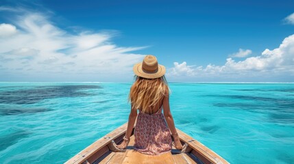Back of woman on front of wooden boat in the Maldives. Generative AI