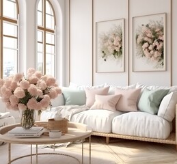 Mockup frame in an interior background featuring a room decorated in a Scandi-Boho style with light pastel colors, 3D render. Made with Generative AI technology
