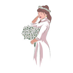 Hand drawn woman fashion illustration girl with flowers watercolor style