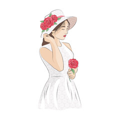 Hand drawn woman fashion illustration girl with flowers watercolor style