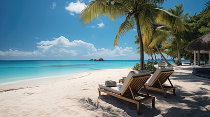 Naklejka na ściany i meble Empty lounge chairs with umbrellas on white sand beach in hot summer day. Generative AI