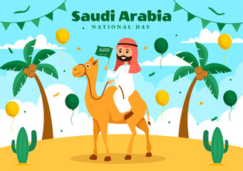 Obraz na płótnie Canvas Happy Saudi Arabia National Day Vector Illustration on September 23 with Waving Flag Background in Flat Cartoon Hand Drawn Landing Page Templates