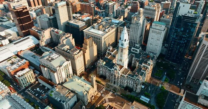 View of Philadelphia City Hall Broad Street from bird's eye perspective. Heart of the city at daytime.