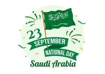 Naklejka na ściany i meble Happy Saudi Arabia National Day Vector Illustration on September 23 with Waving Flag Background in Flat Cartoon Hand Drawn Landing Page Templates