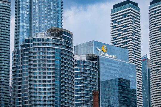 Sunlife Financial building facing Ontario lake shore. Beautiful Toronto's city skyline business and finance center.
