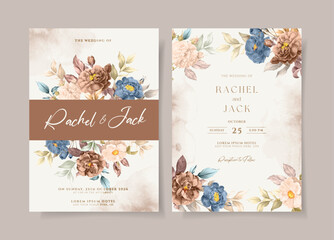 Watercolor wedding invitation template set with navy brown floral and leaves decoration