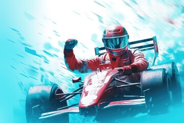 A man in a racing car with his fist up