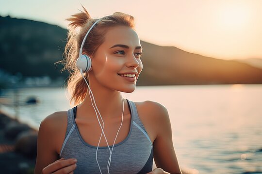 A woman wearing headphones and running by the water