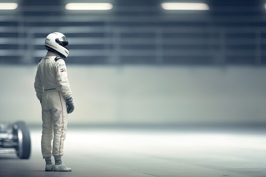 A man in a racing suit standing next to a race car