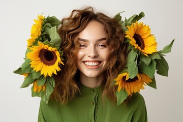 A woman with sunflowers on her head