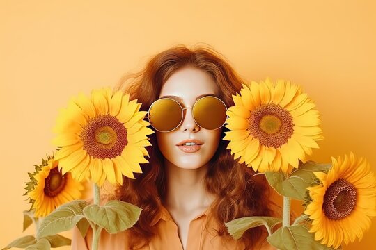 A woman with sunflowers covering her eyes