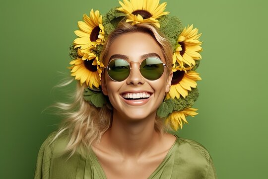 A woman with sunflowers on her head wearing sunglasses