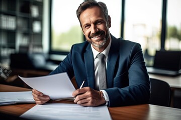Fototapeta premium A man sitting at a table with a pen and paper