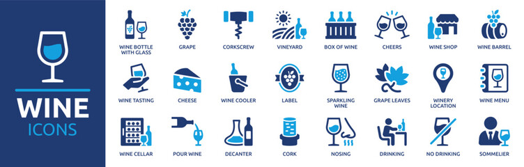 Wine icon set. Containing wine bottle, wine glass, grape, corkscrew, vineyard, barrel and winery icons. Solid icon collection. Vector illustration. - obrazy, fototapety, plakaty
