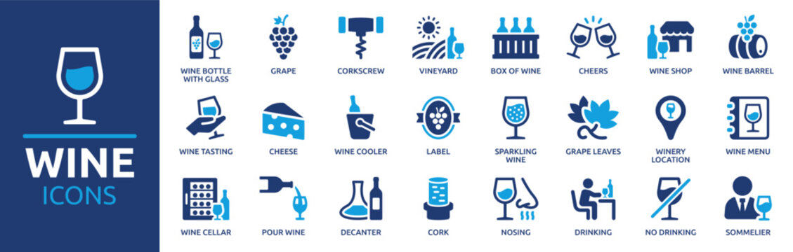 Wine icon set. Containing wine bottle, wine glass, grape, corkscrew, vineyard, barrel and winery icons. Solid icon collection. Vector illustration.
