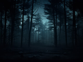 Naklejka premium Dark blue eerie forest at night. Halloween mood.