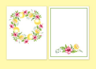 Watercolor Lemon and Hibiscus Flowers card on White Background