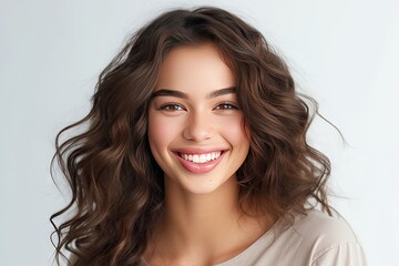 Naklejka premium Happy young smiling woman with long brown hair, isolated on grey background